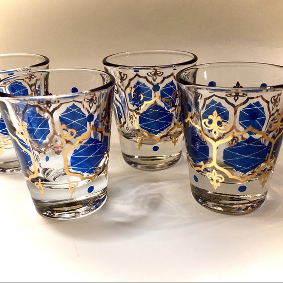 SOLD! ⛔️ SET OF 4 VINTAGE GOLD BLUE CLEAR CORDIAL GLASSES - Picture 3 of 6
